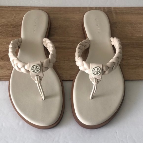 Tory Burch Ivory White Thong Braided Benton Sheep Plume Nappa Leather Sz.9 - Picture 2 of 16